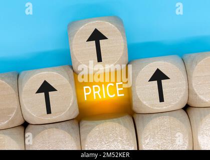 Profit level symbol. A wooden cube with up icon. Wooden block with the ...