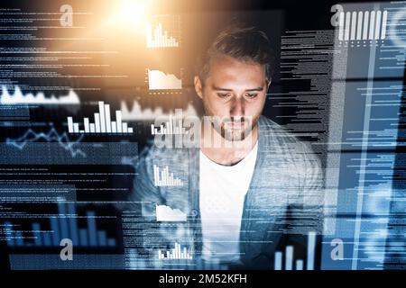 Hes fluent in multiple programming languages. a young computer programmer working on source code. Stock Photo