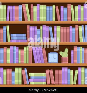 Four bookshelves with colorful books. Also on the shelf are a clock and a cactus. Stock Vector