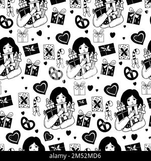 Seamless pattern with happy girl with gifts on white background with gift boxes, sweets and gingerbread. Vector illustration in doodle style for holid Stock Vector