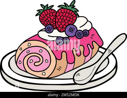 Hand Drawn Strawberry Roll Cake illustration isolated on background Stock Vector