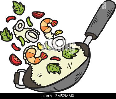 Hand Drawn wok and fried rice Chinese and Japanese food illustration isolated on background Stock Vector