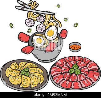 Hand Drawn Noodles and Gyoza Chinese and Japanese food illustration isolated on background Stock Vector