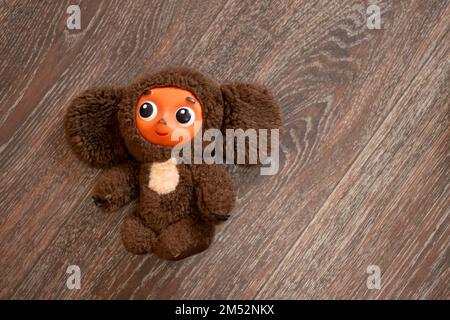 Ukraine Dnipro - September 12, 2020 - a character from a children's Soviet cartoon about a crocodile Gena Chebuashka lies on a wooden floor Stock Photo