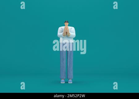 cartoon character wearing jeans and  long shirt. He is expression  of body and hand when talking. 3d rendering in acting. Stock Photo