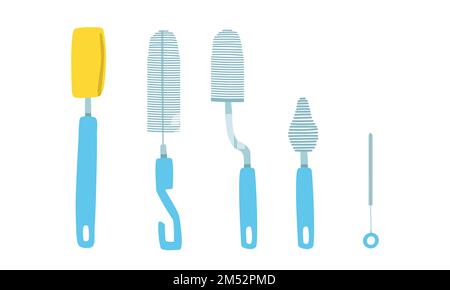 Vector set of baby bottle brush clipart. Simple cute bottle brush flat vector illustration. Cleaning brushes cleaner for feeding bottles, glasses Stock Vector
