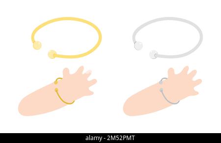 Vector set of golden and silver baby bracelet clipart. Simple adjustable baby bangles or jewelry on wrist flat vector illustration. Baby bangles Stock Vector