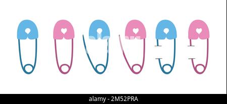 Set of blue and pink safety pins clipart. Close, open and pinned safety pin flat vector design. Diaper pins cartoon style icon. Kids, baby shower Stock Vector