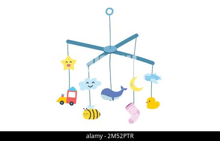 Baby mobile toy clipart. Simple crib mobile hanging toy for baby flat vector illustration isolated. Baby mobile with cute star, cloud, moon, whale Stock Vector