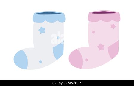 Children socks vector illustration set - pink and blue newborn wearing  isolated on white background. Stock Vector