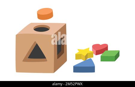 Wooden shape sorter toy clipart. Simple cute children toy shape sorter puzzle flat vector illustration. Shape sorter toy cartoon style icon Stock Vector