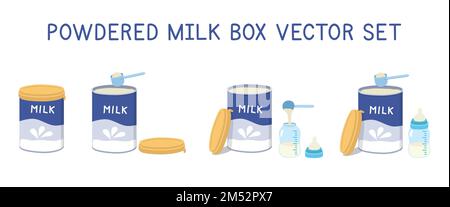 Set of baby milk powder clipart. Simple powder milk in aluminium can with baby bottle and full blue plastic measuring spoon or scoop flat vector Stock Vector