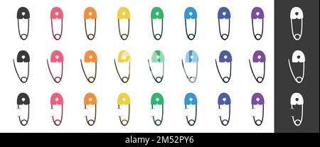 Full set of multicolor safety pins clipart. Safety pins flat vector illustration isolated on white background. Safety pin cartoon style icon Stock Vector