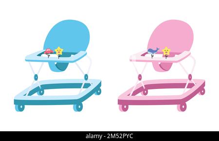 Modern blue and pink baby walker clipart. Simple cute baby walker with toys flat vector illustration. Colored baby walker cartoon style icon Stock Vector