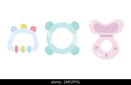 Set of different baby teether clipart. Simple cute silicone teether soothing tool for teething infants flat vector illustration. Baby teething toy Stock Vector