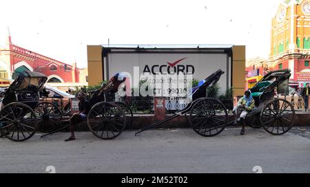 Hand pulled rickshaw in the streets of Kolkata, West Bengal, India. Stock Photo