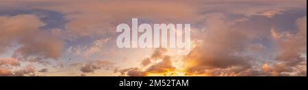 Dark blue sunset sky panorama with pink Cumulus clouds. Seamless hdr 360 panorama in spherical equirectangular format. Full zenith for 3D Stock Photo