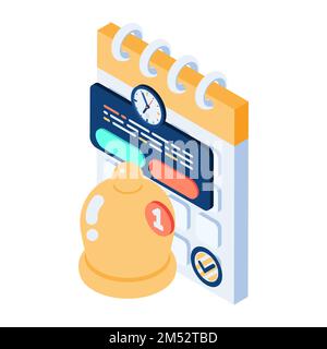 Flat 3d Isometric Calendar with Bell Notification Reminder. Business Planning and Calendar Reminder Concept. Stock Vector
