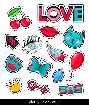 Fashion icons collection set of stickers, pop art in the style of 80th, 90th Vector Illustration isolated on white background. Animation, love, cat, c Stock Vector