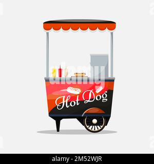 Hot dog cart, kiosk on wheels, retailers, fast snack breakfast, fast food and flat style, isolated on white background vector illustrations. Symbol fo Stock Vector