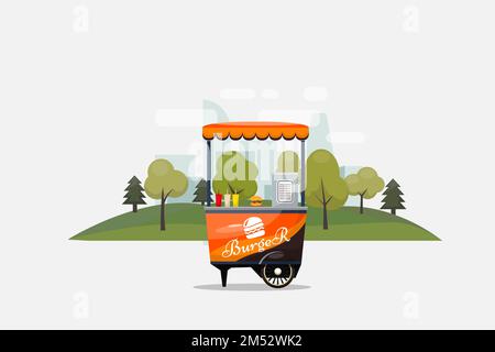 Burger Fast Food Card Isolated, Kiosk on Wheels, Retail, Fast Breakfast, Lunch, Illustrated and Flat Style Vector Illustration. Sandwich, a cafe on th Stock Vector
