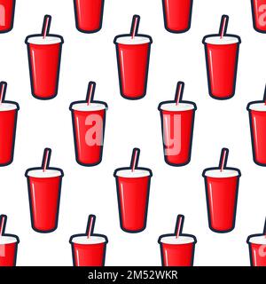 Cola drink in a red plastic pot cardboard cup with chopsticks isolated vector illustration. Carbonated drink packaged sweet symbol icon. Pattern, back Stock Vector