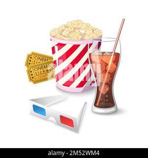 Collection icon symbols on watching movies in cinema in cartoon style Flat on a white background Vector Illustration. Elements of the film industry 3d Stock Vector