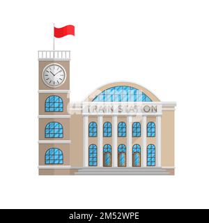 Train station building in Flat style isolated on white background Vector Illustration. Railway station transport train locomotive, passenger travel to Stock Vector