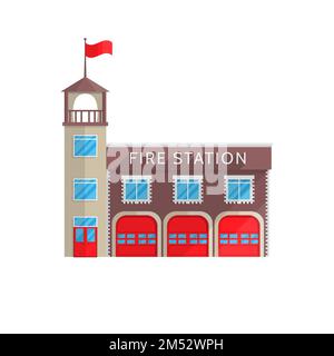 Fire station building in flat style on a white background Vector illustration. Service to combat emergencies, fire safety, the symbol for your project Stock Vector