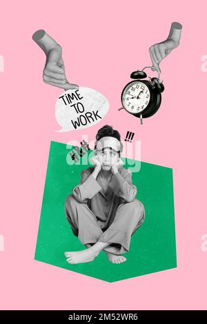Vertical collage image of unsatisfied moody black white effect girl arms hold bell ring clock time to work isolated on drawing background Stock Photo