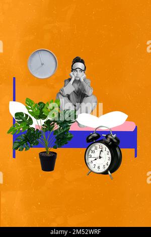 Vertical collage image of unsatisfied miserable black white gamma girl sit bed think houseplant big bell ring clock isolated on orange background Stock Photo