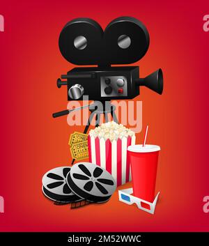 Set cinema elements isolated vector illustration. Composition poster postcard with retro camera director, film, 3D glasses, cola, popcorn, movie ticke Stock Vector