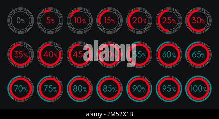 Set digital collection charts infographics isolated Vector Illustration. 0 5 10 15 20 25 30 35 40 45 50 55 60 65 70 75 80 85 90 95 100 percent. Stock Vector