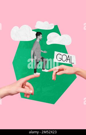Creative photo collage abstract picture of young successful ambitious man walking surreal fingers way his dream goal isolated on pink background Stock Photo