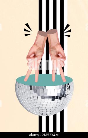 Vertical collage image of two human arms fingers dancing disco ball dance floor isolated on painted background Stock Photo