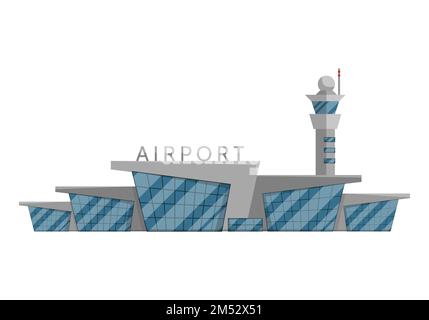 Airport building is isolated in the Flat style on a white background vector illustration. Modern airport in a modern style, flying vehicles, travel to Stock Vector