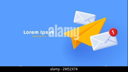 3d illustration of yellow paper plane with white mail envelopes Stock Vector