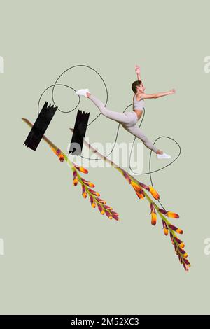 Vertical collage image of excited sporty mini girl jumping flying big fresh flowers isolated on painted background Stock Photo