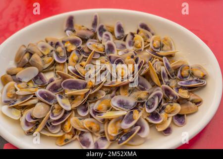 Close-up of steamed clams with lila colour on a white plate Stock Photo