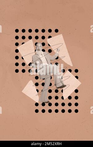 Artwork magazine collage picture of funky lucky grandfather wear flared pants rising fists isolated drawing background Stock Photo