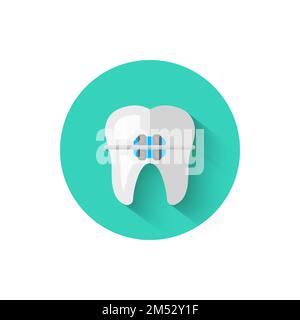 Tooth with braces icon isolated in flat design style vector illustration. Modern, minimalist icon on the theme of stomatology in stylish colors. Websi Stock Vector
