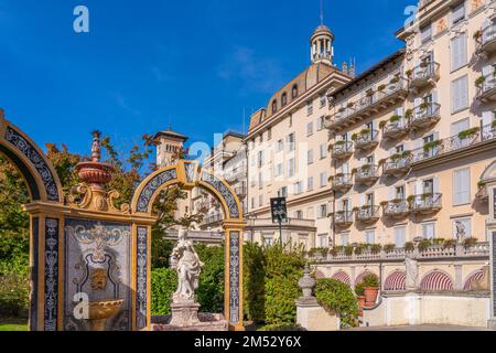 STRESA, ITALY - OKTOBER 29. 2022: Garden of the Grand Hotel Des Iles Borromee at the lake Maggiore in Stresa with skulptures Stock Photo
