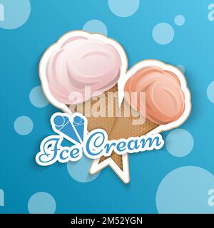 Ice cream is isolated in a waffle cup in the style of a cartoon logo emblem wrap for your product Vector illustration. Label, Milk, delicious dessert Stock Vector