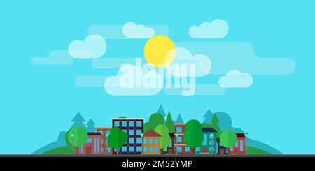 City landscape with houses, with greenery trees, clouds on the background of the hills. The concept of urban life. The illustration is made in a flat Stock Vector