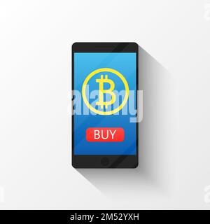 Bitcoin digital wallet flat icon design symbol isolated vector illustration. Crypto currency. Smartphone with a sign bitcoin. Stock Vector