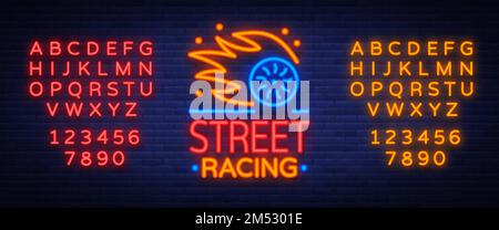Street racing logo emblem template vector logo in neon style. A glowing sign on the theme of the races. Neon sign, light banner. Editing text neon sig Stock Vector