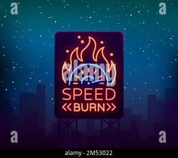 Street racing billboard logo emblem template vector logo in neon style. A glowing sign on the theme of the races. Neon sign, light banner. Stock Vector