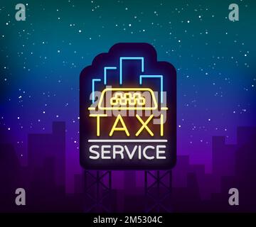 Neon Taxi logo isolated on a brick background. Silhouette badge glowing taxi. Design advertising night sign of the taxi brand. Stock Vector
