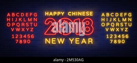 Happy Chinese New Year 2018. Sign in neon style, night flyer, advertising. Bright glowing banner Vector illustration. Editing text neon sign. Neon alp Stock Vector