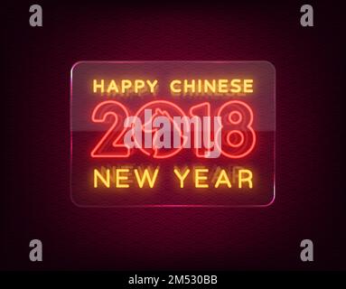 Happy Chinese New Year 2018. Sign in neon style, night post, advertising. Neon sign on transparent glass. Bright banner. Vector illustration. Stock Vector